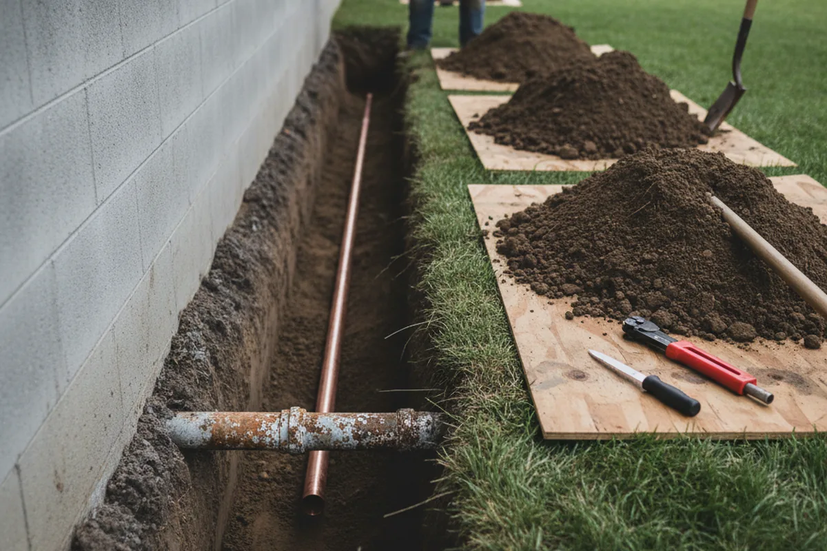Excavated water line trench during Water Softener Installation in Emory